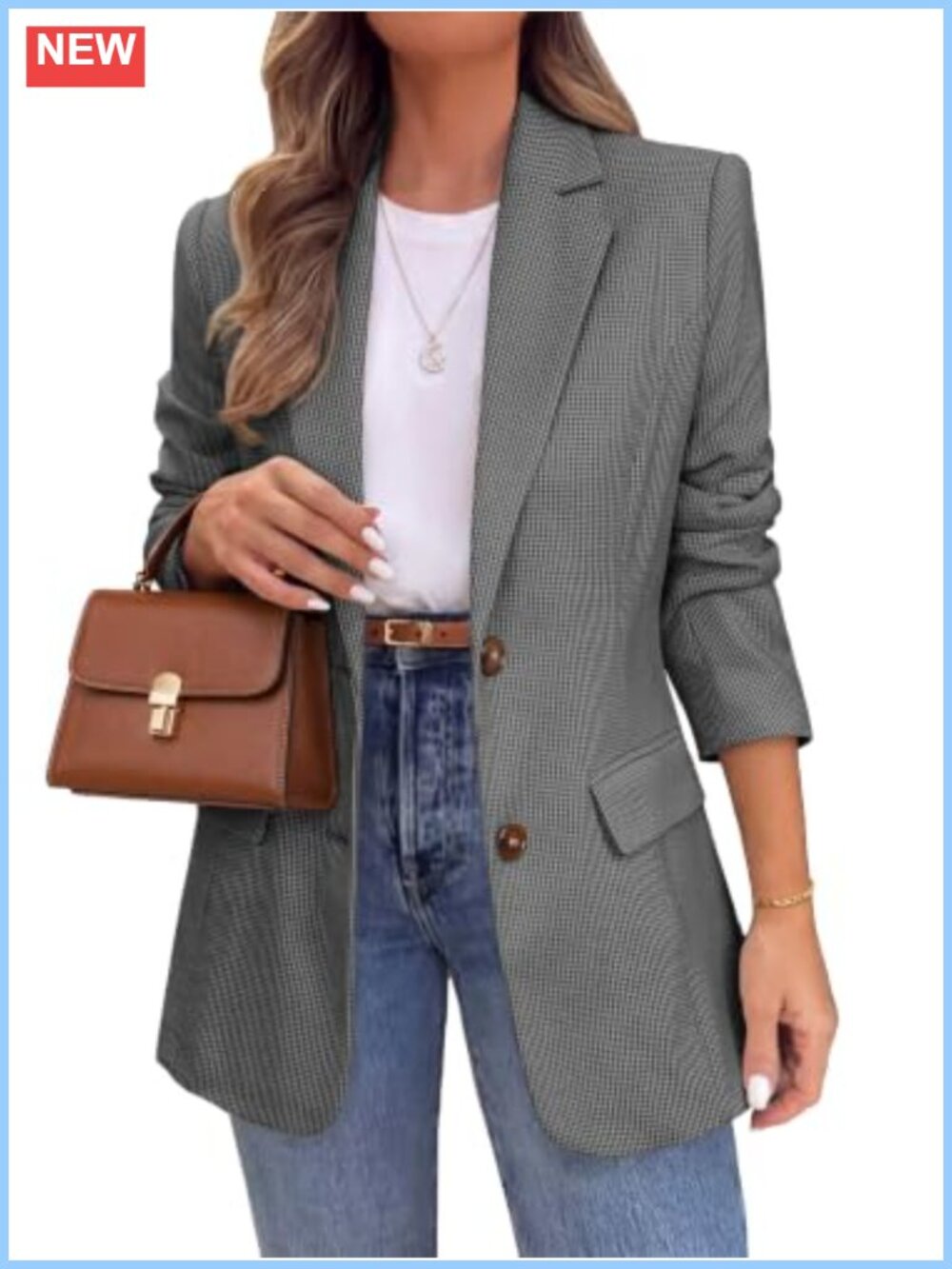 Womens Business Casual Blazer Houndstooth Tweed Suit Jacket Notched Lapel
